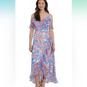 London Times Blue and Pink Floral Maxi Dress - Size 14